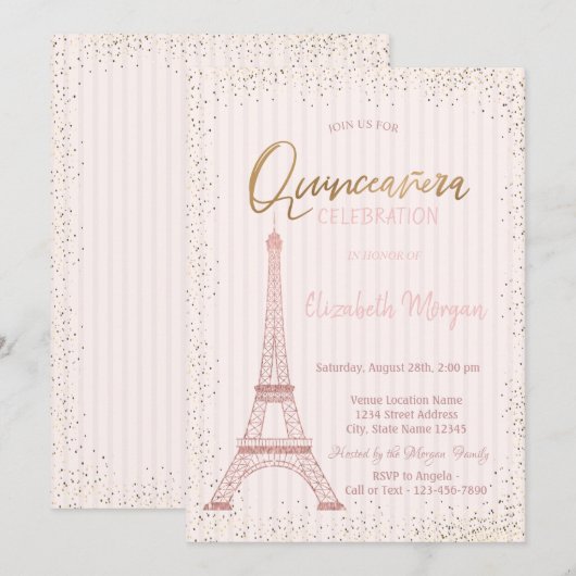 Roos Gold Eiffeltower Confetti Stripe Quinceanera Kaart (Voorkant / Achterkant)