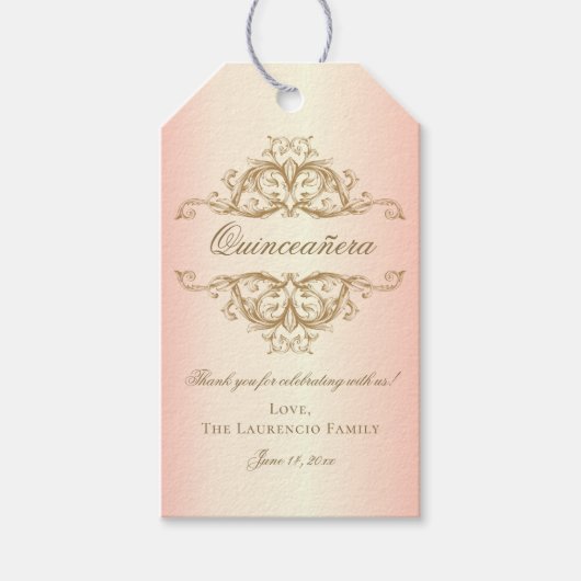 Roos Gold Elegant Damask Quinceanera Party Favor Cadeaulabel (Voorkant)