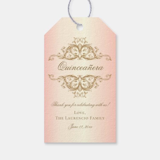 Roos Gold Elegant Damask Quinceanera Party Favor Cadeaulabel (Achterkant)
