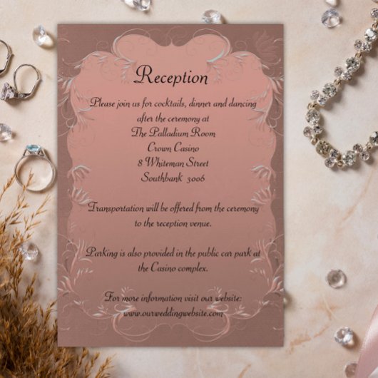Roos Gold Elegant Damask Wedding Reception Informatiekaartje