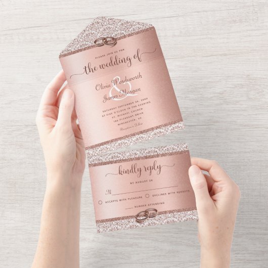 Roos Gold Elegant Glitter Damask Wedding All In One Uitnodiging (Afscheurbaar)