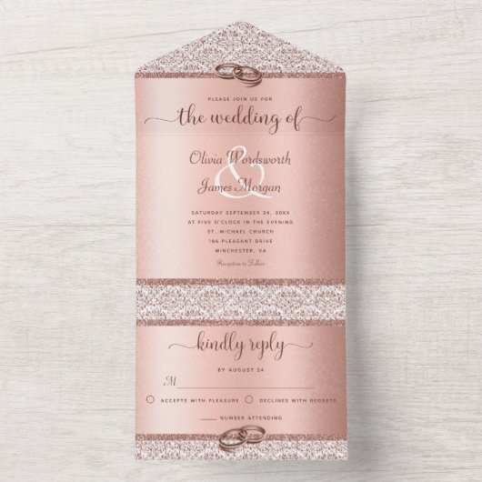 Roos Gold Elegant Glitter Damask Wedding All In One Uitnodiging (Binnen)