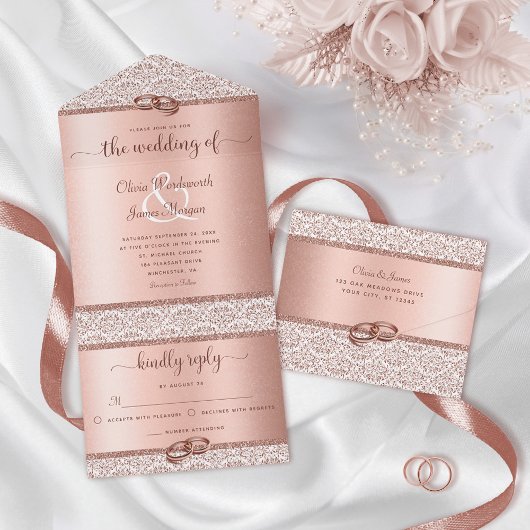 Roos Gold Elegant Glitter Damask Wedding All In One Uitnodiging