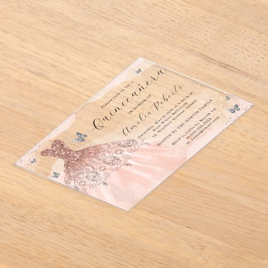 Roos Gold Elegant Jurk Butterfly Quinceanera Acryl Uitnodigingen (Laagn)