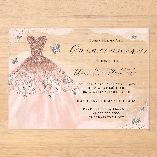 Roos Gold Elegant Jurk Butterfly Quinceanera Acryl Uitnodigingen (Voorkant)