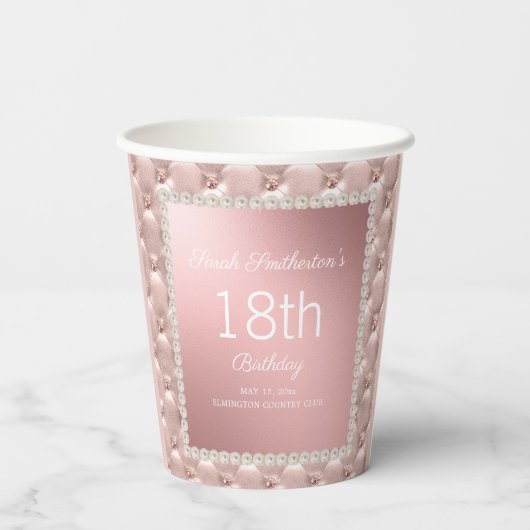 Roos Gold Elegant Pink en Pearls 18e verjaardag Papieren Bekers (Achterkant)