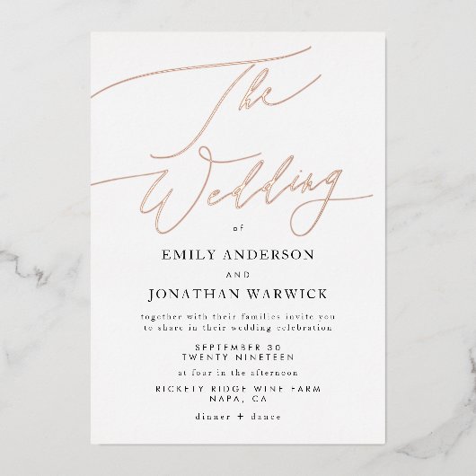 Roos Gold Elegant Traditional Calligraphy Wedding Folie Uitnodiging (Voorkant)