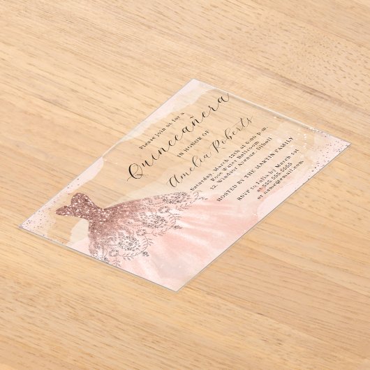 Roos Gold Elegante Sparkle Dress Quinceanera Acryl Uitnodigingen (Laagn)