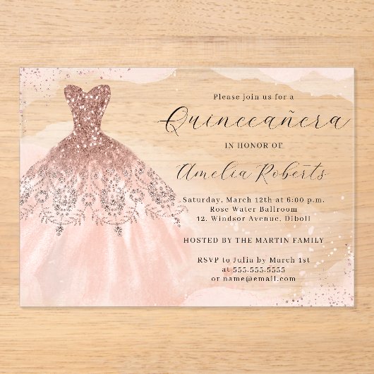 Roos Gold Elegante Sparkle Dress Quinceanera Acryl Uitnodigingen (Voorkant)