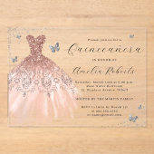 Roos Gold Elegante Vlinderjurk Quinceanera Acryl Uitnodigingen (Voorkant)