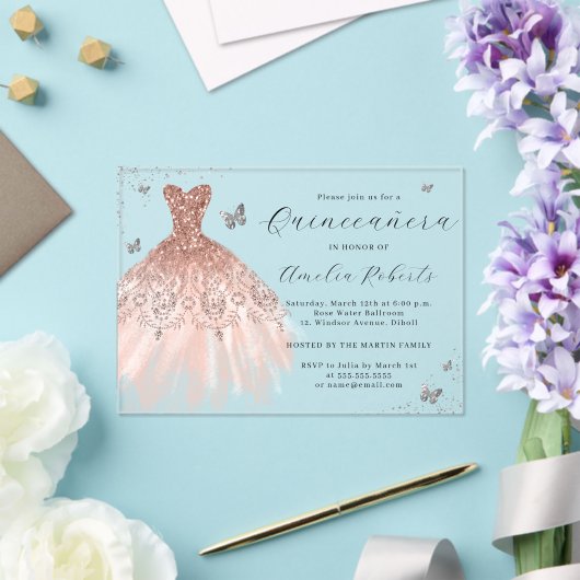 Roos Gold Elegante Vlinderjurk Quinceanera Acryl Uitnodigingen (Insitu (Huwelijk))
