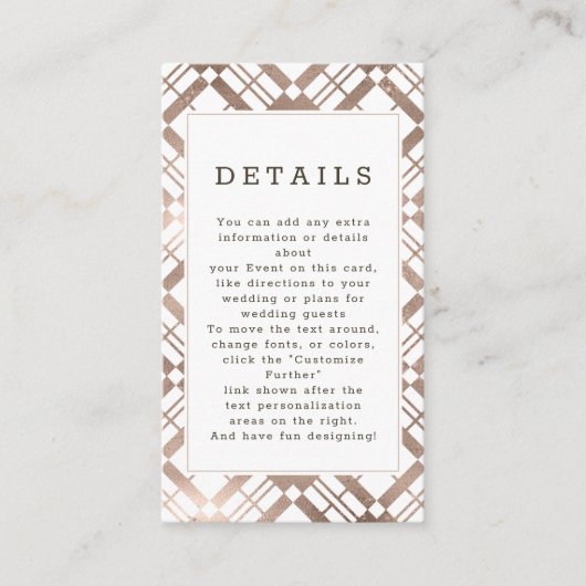 Roos Gold & elke kleur Herfst Plaid bruiloft Detai Informatiekaartje (Voorkant)