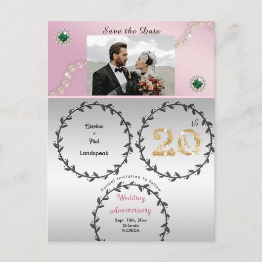 Roos Gold Emerald 20e Jubileum Save the Date Briefkaart (Voorkant)
