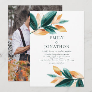 Roos Gold Emerald verlaat Script Photo Wedding Kaart