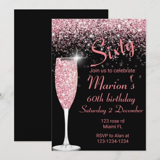 Roos Gold en Black 60e verjaardagsuitnodiging Kaart (Voorkant / Achterkant)