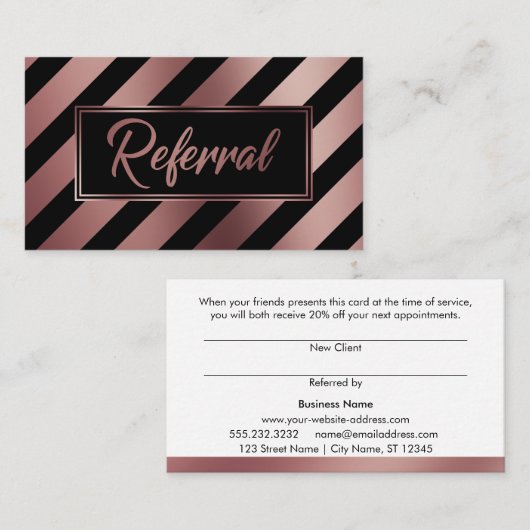 Roos Gold en Black Diagonal Stripe Referral Kaarte (Voorkant / Achterkant)