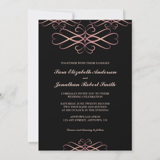 Roos Gold en Black, Elegant Flourishes Wedding Kaart (Voorkant)