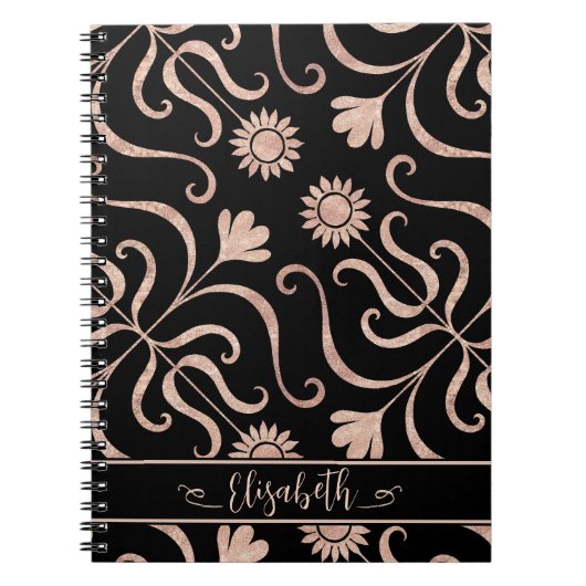 Roos Gold en Black Floral Damask Sunflower Classy Notitieboek (Voorkant)