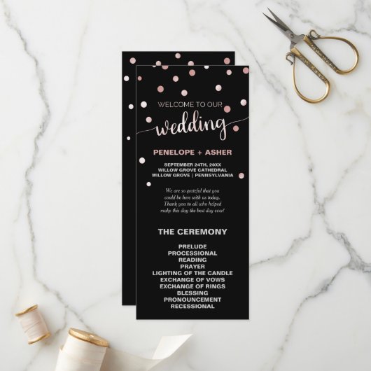 Roos Gold en Black Glam Confetti Wedding Program Programmakaart (Voorkant / Achterkant in situ)