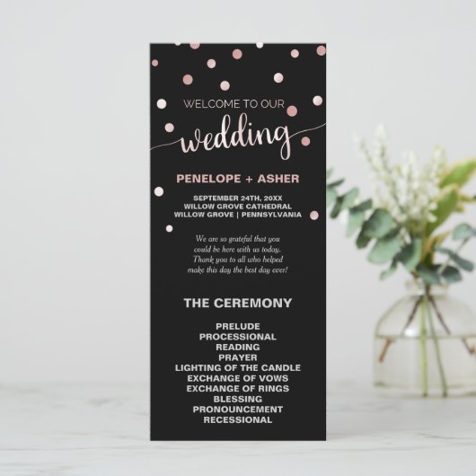 Roos Gold en Black Glam Confetti Wedding Program Programmakaart (Staand voorkant)