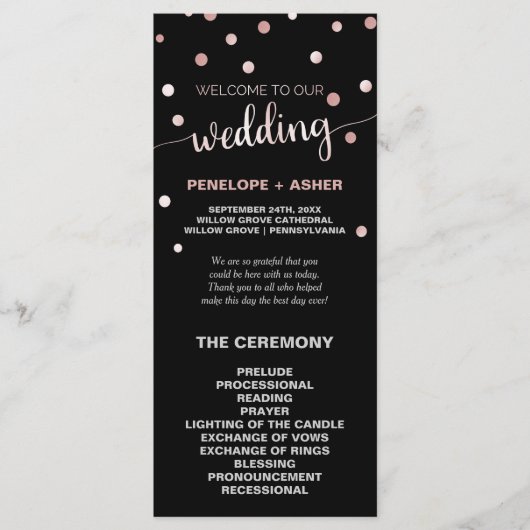 Roos Gold en Black Glam Confetti Wedding Program Programmakaart (Voorkant)