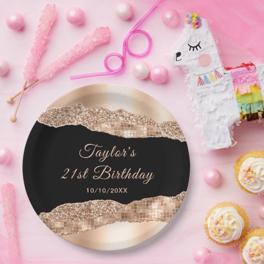 Roos Gold en Black Glam Tears Verjaardagsfeest Papieren Bordje (Feest)