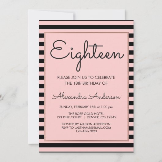 Roos Gold en Black Stripe 18e verjaardag Kaart (Voorkant)