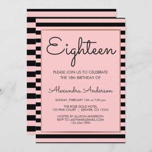 Roos Gold en Black Stripe 18e verjaardag Kaart (Voorkant / Achterkant)