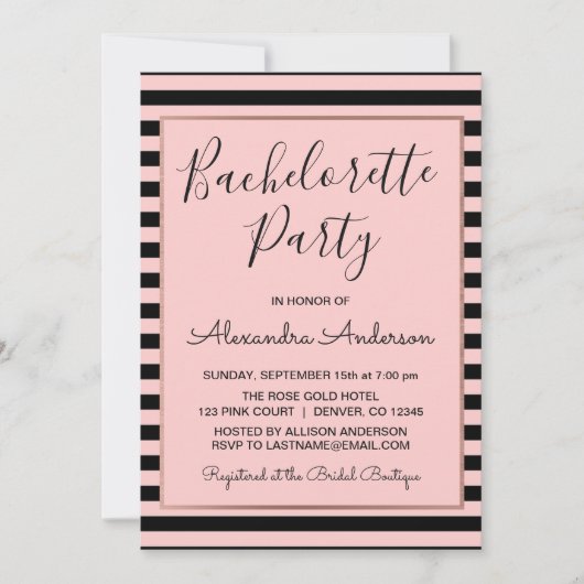 Roos Gold en Black Stripe Bachelorette Party Kaart (Voorkant)