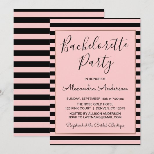 Roos Gold en Black Stripe Bachelorette Party Kaart (Voorkant / Achterkant)