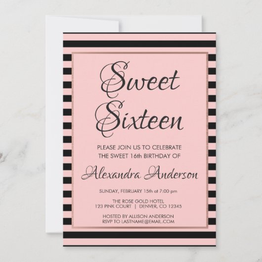 Roos Gold en Black Stripe Sweet 16 Verjaardag Kaart (Voorkant)