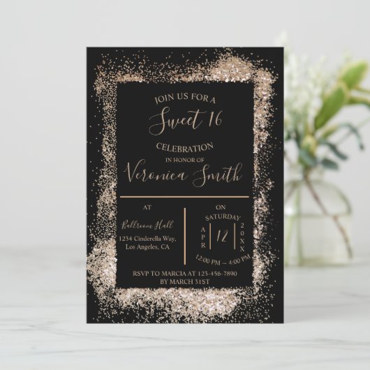 Roos Gold en Black Sweet 16 Uitnodiging (Staand voorkant)