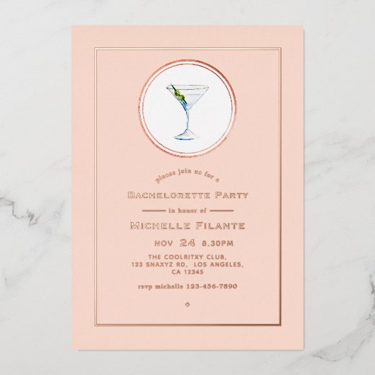 Roos Gold en Blush Cocktail Bachelorette Party Folie Uitnodiging (Voorkant)
