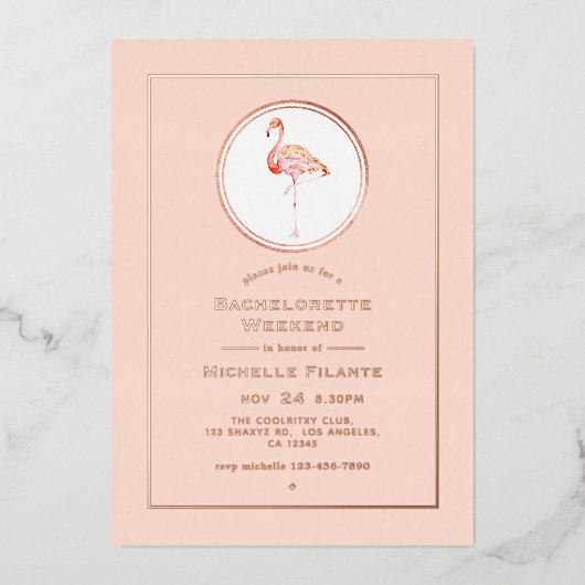 Roos Gold en Blush Flamingo Bachelorette Weekend Folie Uitnodiging (Voorkant)