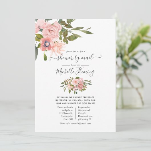 Roos Gold en Blush Floral Baby shower per post Kaart (Staand voorkant)