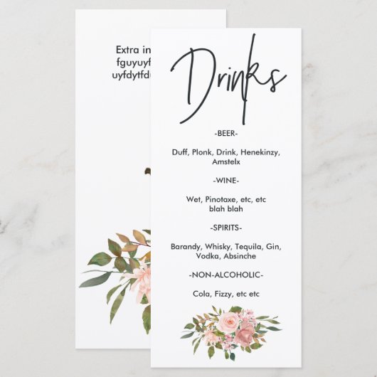 Roos Gold en Blush Floral Tea Party Drinken Menu (Voorkant / Achterkant)
