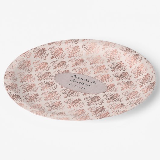 Roos Gold en Blush Folie Damask Pattern Bruiloft Papieren Bordje (Gekanteld)