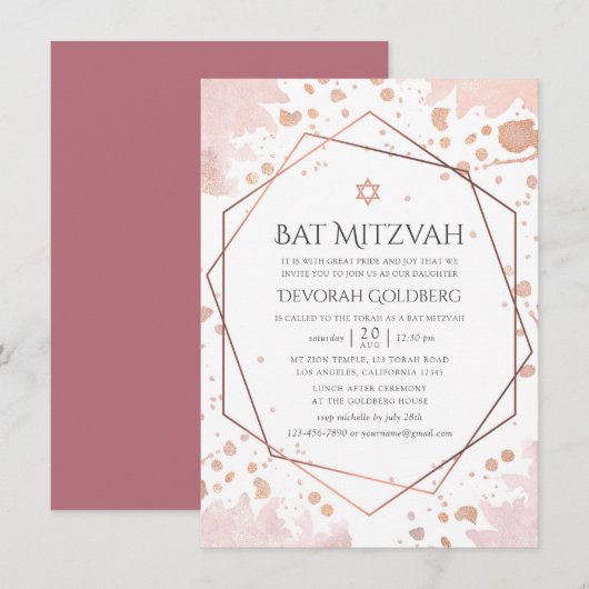 Roos Gold en Blush Geometric Bat Mitzvah Kaart (Voorkant / Achterkant)