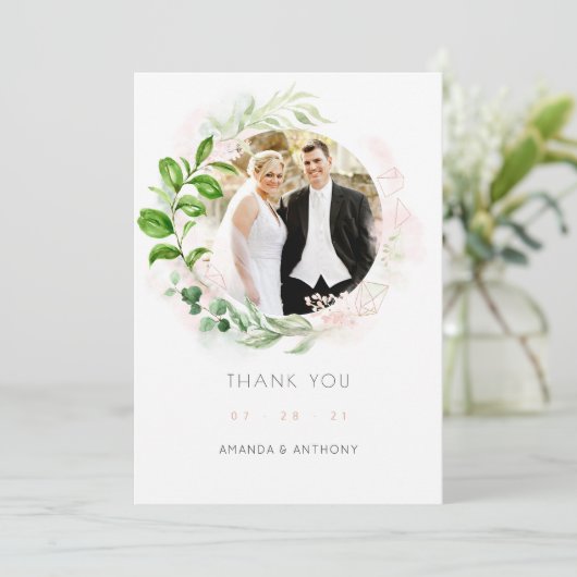 Roos Gold en blush Geometric Greenery Wedding Bedankkaart (Staand voorkant)