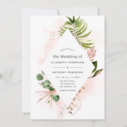 Roos Gold en blush Geometric Greenery Wedding Kaart (Voorkant)