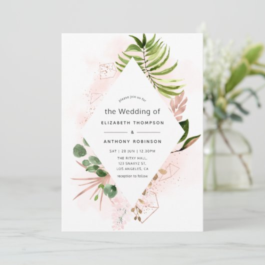 Roos Gold en blush Geometric Greenery Wedding Kaart (Staand voorkant)
