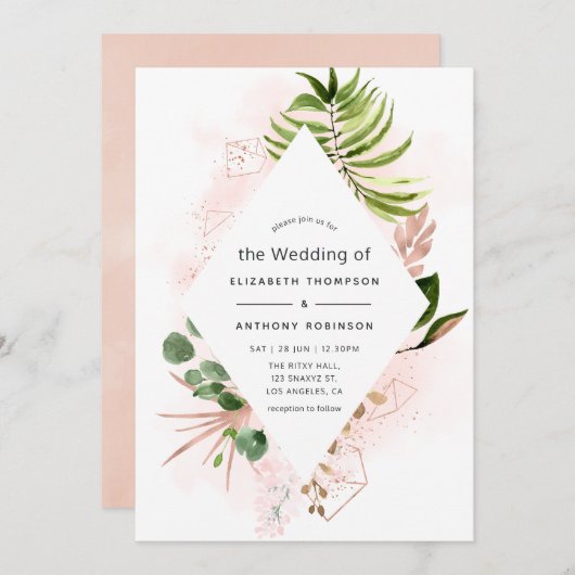 Roos Gold en blush Geometric Greenery Wedding Kaart (Voorkant / Achterkant)