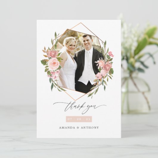 Roos Gold en Blush Geometric Weddenfoto Bedankkaart (Staand voorkant)