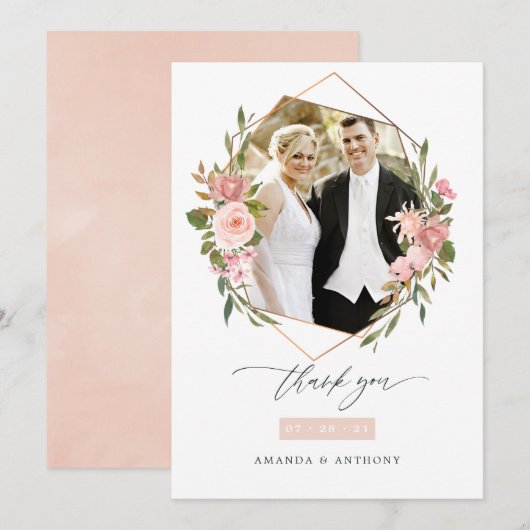 Roos Gold en Blush Geometric Weddenfoto Bedankkaart (Voorkant / Achterkant)