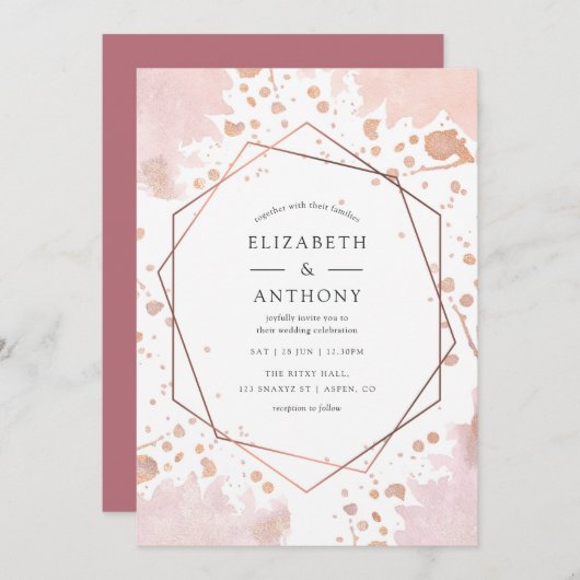 Roos Gold en Blush Geometric Wedding Invitation Kaart (Voorkant / Achterkant)