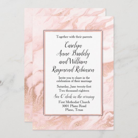 Roos Gold en Blush Marbled Wedding Invitation Kaart (Voorkant / Achterkant)