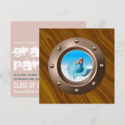 Roos Gold en Blush Nautical Afstuderen Foto Invi Kaart (Voorkant / Achterkant)