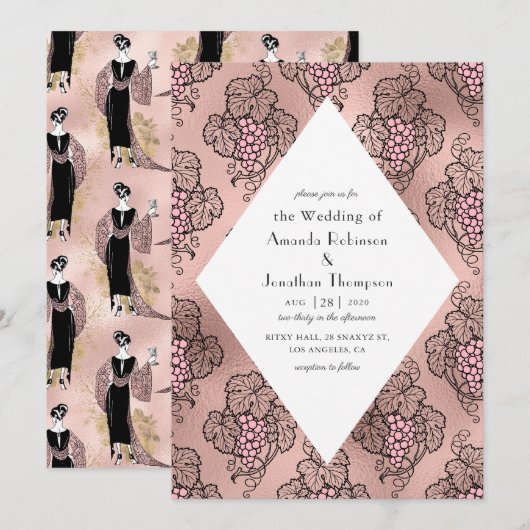 Roos Gold en Blush Pink Art Deco Wine Weddenschap Kaart (Voorkant / Achterkant)