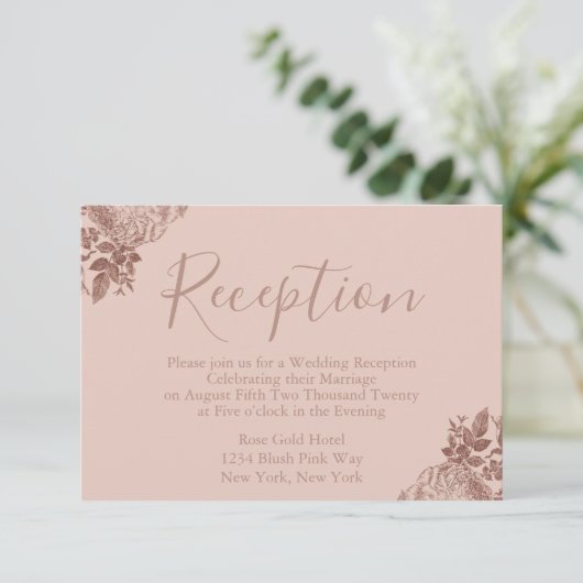 Roos Gold en Blush Pink bruiloft receptie Informatiekaartje (Staand voorkant)