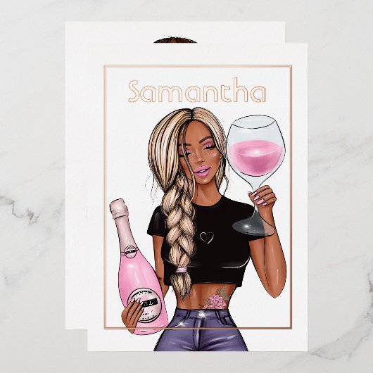 Roos Gold en Blush Pink Champagne Birthday Party Folie Uitnodiging (Voorkant / Achterkant)